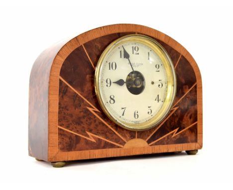 Bulle-Clock mantel clock the 5.25" silvered dial within a birds eye maple and satinwood banded rounded arched case, 9" high