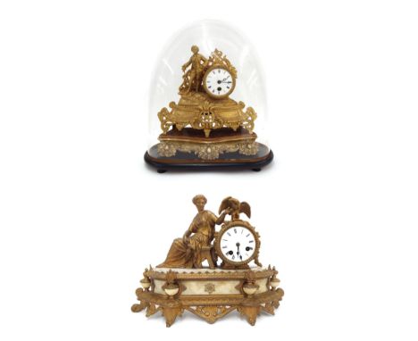 French spelter figural drumhead mantel clock timepiece, upon a shaped stand and under a glass dome, with an ebonised wooden b