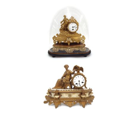 French spelter figural drumhead mantel clock timepiece, upon a shaped stand and under a glass dome, with an ebonised wooden b