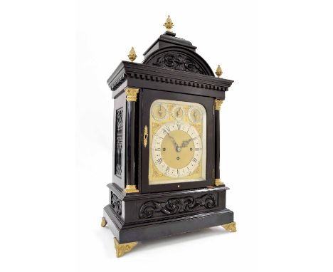 English ebonised triple fusee boardroom mantel clock, the 7.25" silvered chapter ring enclosing a matted centre, surmounted b