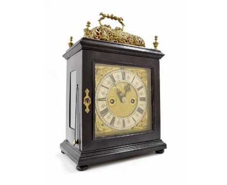 Fine English ebonised double fusee verge basket top bracket clock, the 7" square brass dial plate signed Henry Jones, London 