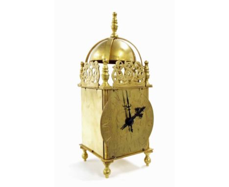 Small brass lantern clock timepiece with Buren platform movement and fixed key, 10.25" high