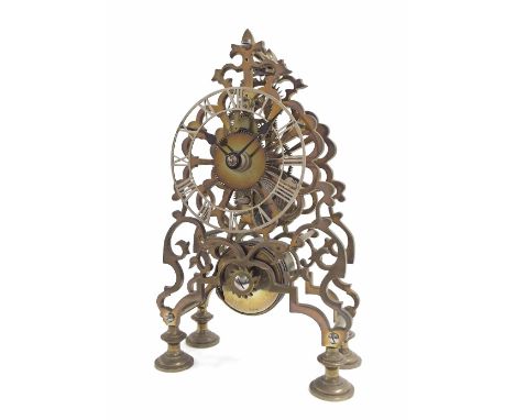 Brass single fusee skeleton clock, 11" high (pendulum)