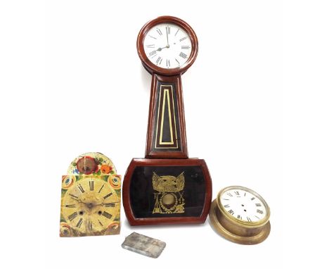 American mahogany single train banjo wall clock, the 9" cream dial over a tapered glazed trunk and rectangular glazed base gi