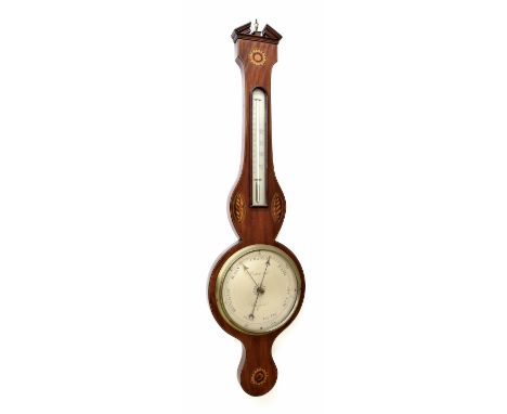 Mahogany inlaid banjo barometer/thermometer, the principal 8" silvered dial signed Cattele & Co, Hereford, within an attracti