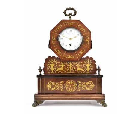 French rosewood and brass inlaid mantel clock timepiece with platform escapement, the 4" white convex dial within an octagona