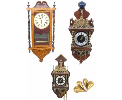 American inlaid two train wall clock (pendulum and key); also two contemporary Dutch two train wall clocks (both with pendulu