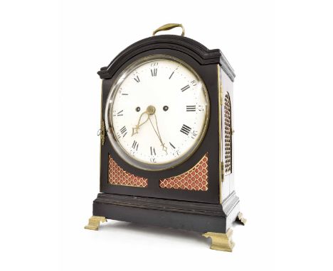 English ebonised double fusee bracket clock, the movement back plate signed Jas McCabe, London, the 8" convex white dial with