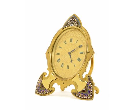 Good ormolu and champleve enamelled strut clock, the 2.5" chapter ring upon an oval dial plate decorated with strapwork, the 