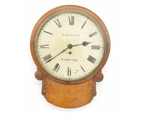 Oak single fusee 12" drop dial wall clock signed T. Wilson, Cambridge, over foliate carved ears (pendulum and key)