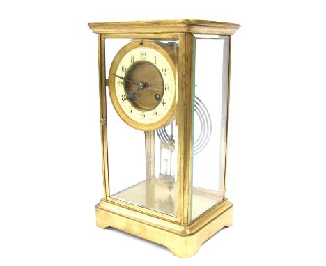 French brass four glass two train mantel clock, the Japy Freres movement striking on a gong, the 4" cream chapter ring enclos