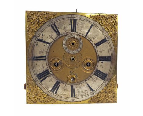 Good eight day longcase clock movement, the 11" square brass dial signed Robt Battersea, London on a silvered chapter ring en