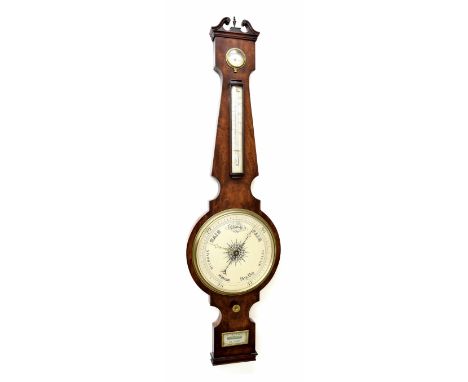 Mahogany four glass banjo barometer signed Jno Sowter, Oxford on the silvered level plate, with 10" silvered principal dial, 