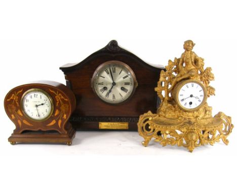Mahogany inlaid mantel clock timepiece with platform escapement, the 3.25" cream convex dial signed T. Leonard Crow, Tiverton