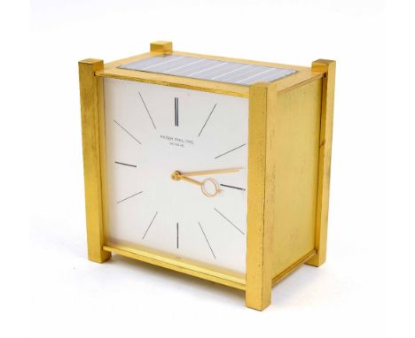 Patek Philippe contemporary solar charge battery mantel clock timepiece, the 4.5" square silvered dial signed Patek Philippe,