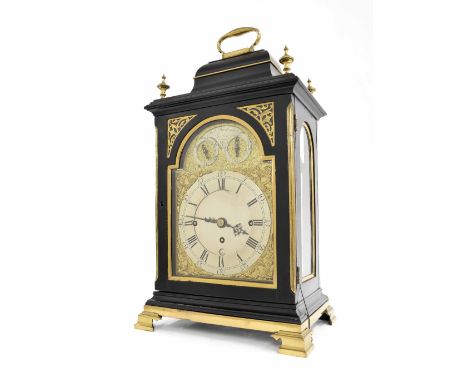 Fine English ebonised triple fusee verge five pillar bracket clock, the 7" brass arched dial signed Paul Rimbault, London on 