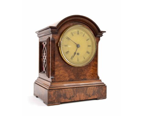 Small English walnut single fusee mantel clock, the 3.5" gilt chapter ring and movement back plate signed Webster, Cornhill, 