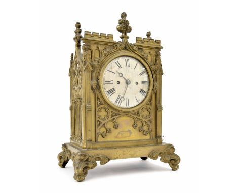 English Gothic brass two train bracket clock striking on a bell and with pull repeat, the 5" convex silvered dial signed Crew