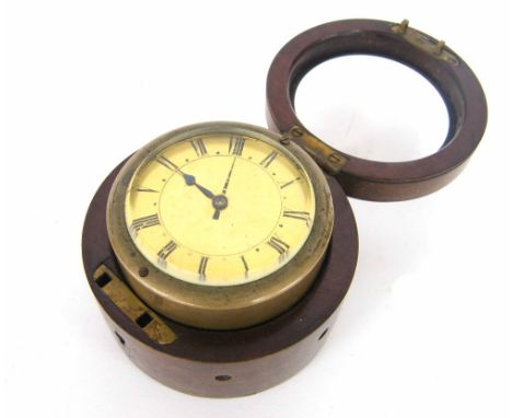 Interesting alarm strut clock, the 2" gilt dial within a cylindrical metal case; also with an outer mahogany guard case with 