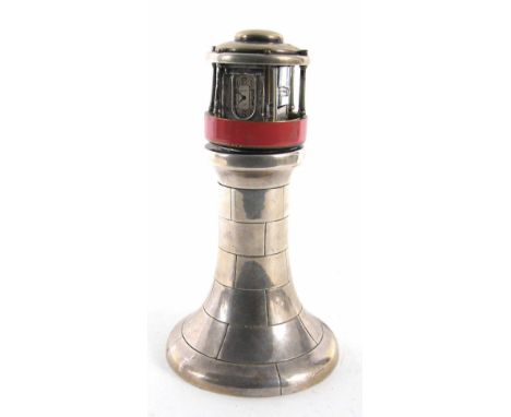 Composite small silver plated novelty revolving lighthouse clock, fitted with two Rolex watch movements and with contemporary