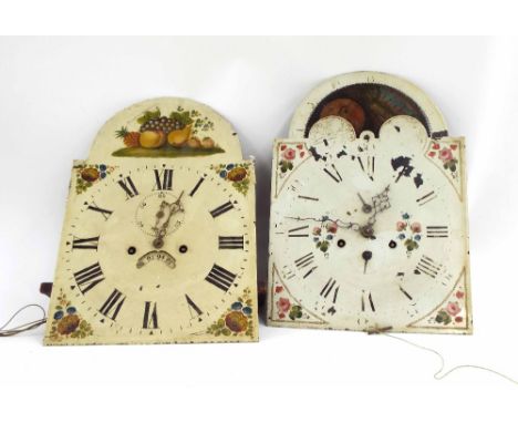 Eight day longcase clock movement, the 13" painted arched dial with moon phase over subsidiary seconds and calendar dials; al