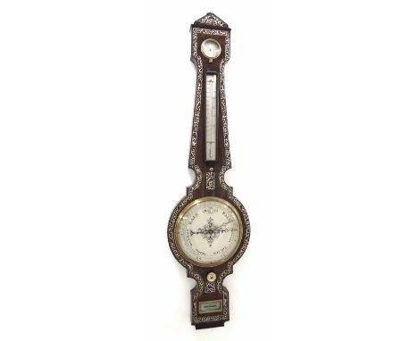 Rosewood and mother of pearl inlaid four glass banjo barometer, the 8" silvered dial within a shaped angled case decorated to