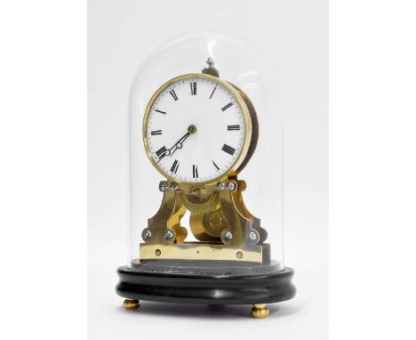 Small brass skeleton mantel clock timepiece, the 3.5" white dial upon shaped supports, under a glass dome and upon a stepped 
