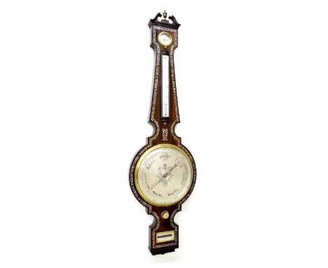 Good four glass rosewood and mother of pearl inlaid banjo barometer, the 10" principal silvered dial within an attractive mot