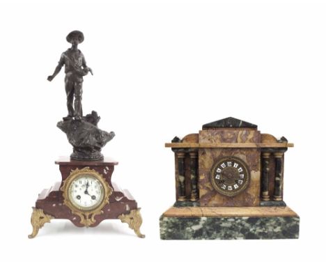 French green and orange marble two train mantel clock within a temple case, 12" high; also a French red marble and Spelter fi