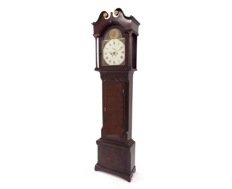 Oak eight day longcase clock, the 13" painted arched dial signed Jonathan Phillips, Bromfield, with subsidiary seconds dial a