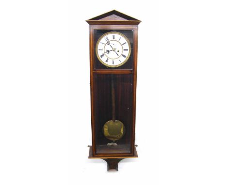 Walnut double weight Vienna regulator wall clock, the 7" white dial with subsidiary seconds dial, within a glazed and boxwood