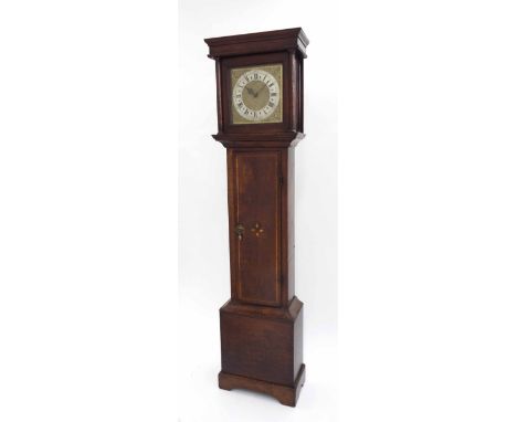 Oak thirty hour longcase clock, the 11" square brass dial signed Simcock, Daintree on the silvered chapter ring enclosing a m