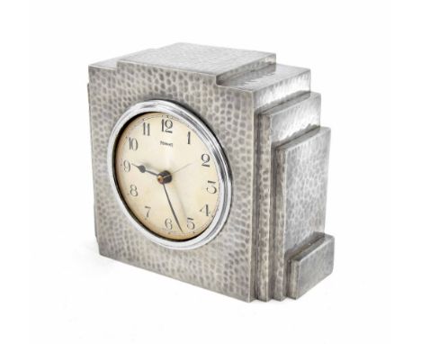 Ferranti mains synchronous electric mantel clock, inscribed English Pewter, Lloyd Payne &amp; Amiel, Manchester, Hard Hammer,