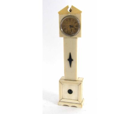 Miniature ivory longcase clock, with watch movement and onyx applied decoration, 8.25" high