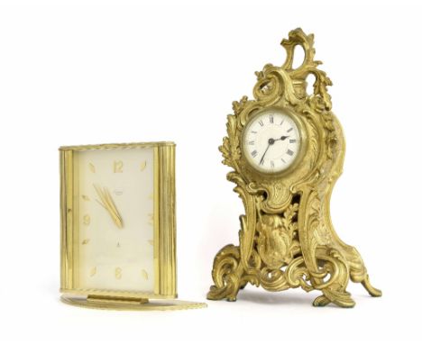Small gilt metal balloon mantel clock timepiece, the 2.25" white dial within a pierced rococo case, 11" high (key); also a mi