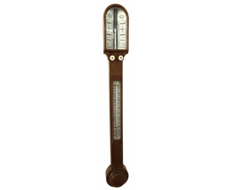 English light oak stick barometer/thermometer signed Carpenter & Westley, 24 Regent St, London, the angled scale over a flat 