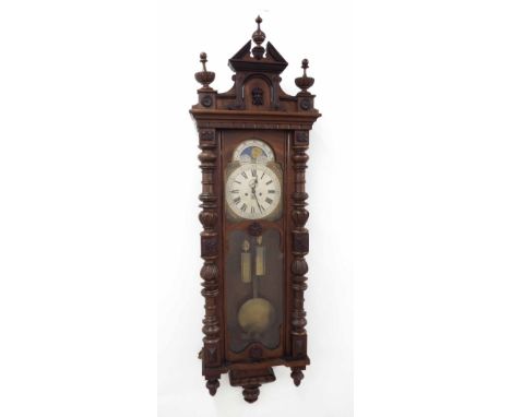 Gustav Becker double weight Vienna regulator wall clock, the 8" silvered chapter ring with subsidiary seconds dial and calend