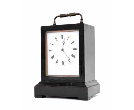 Ebonised carriage clock timepiece, the back plate fitted with a platform escapement and outside countwheel, 7.5" high (key)