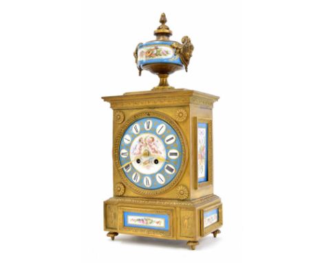 French ormolu and porcelain mounted two train mantel clock, the Japy Freres movement striking on a bell, the 5.75" convex por