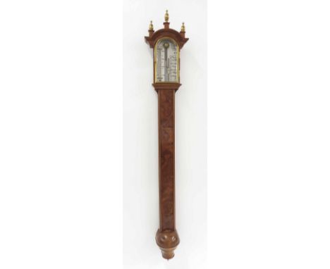 Contemporary burr walnut stick barometer, the silvered scale signed Comitti, Holborn, over a flat trunk and hemispherical cis