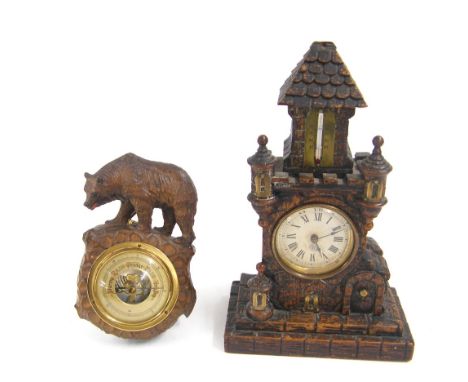 Small Black Forest mantel clock timepiece with thermometer, 9.5" high; also a small Black Forest barometer surmounted by a ca