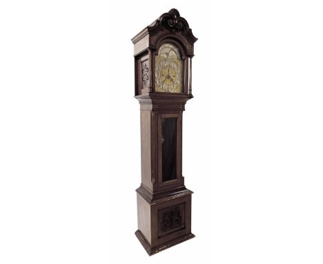 Mahogany three train musical longcase clock, the 13.25" brass dial with silvered chapter ring enclosing a scrolling foliate a