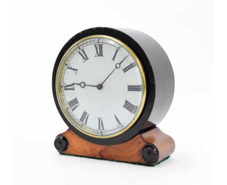 Small French ebonised and walnut drumhead mantel clock, the movement back plate stamped VAP. Brevete, the eight day timepiece