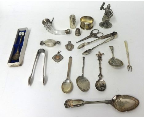 Box of various silver and white metal objects including scent bottle, napkin ring, thimble, Victorian caddy spoon with butter