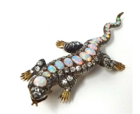 An antique opal and diamond salamander brooch, 8cm