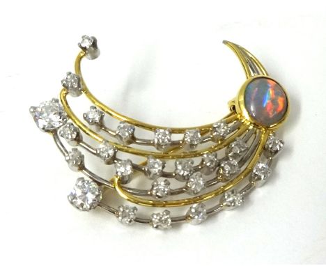 An opal and diamond spray brooch in 18ct gold and platinum, approximately 35mm wide