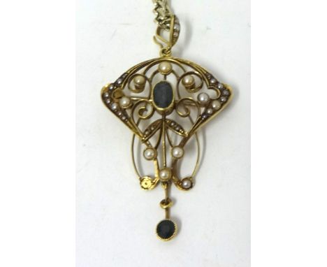 Art Nouveau style 15ct gold seed pearl pendant on fine chain