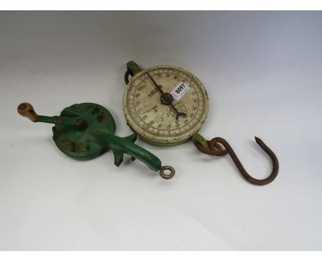 A Salter hanging scale and a Spong bean slice 