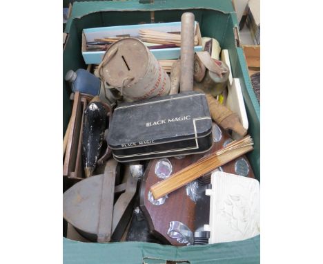 A box of miscellaneous including brass bell, clay music pipe etc 