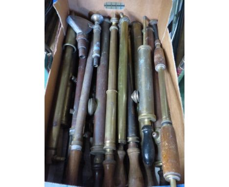 A box of mixed brass garden sprayers and two attachment heads 